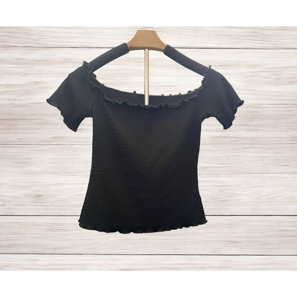 Black Off-Shoulder Ruffle Trim Ribbed Top - Picture 2 of 2